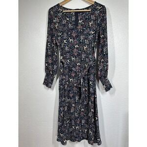 Lulus Dress Womens Small Deer Floral Tie Waist Long Sleeve Midi Cottagecore